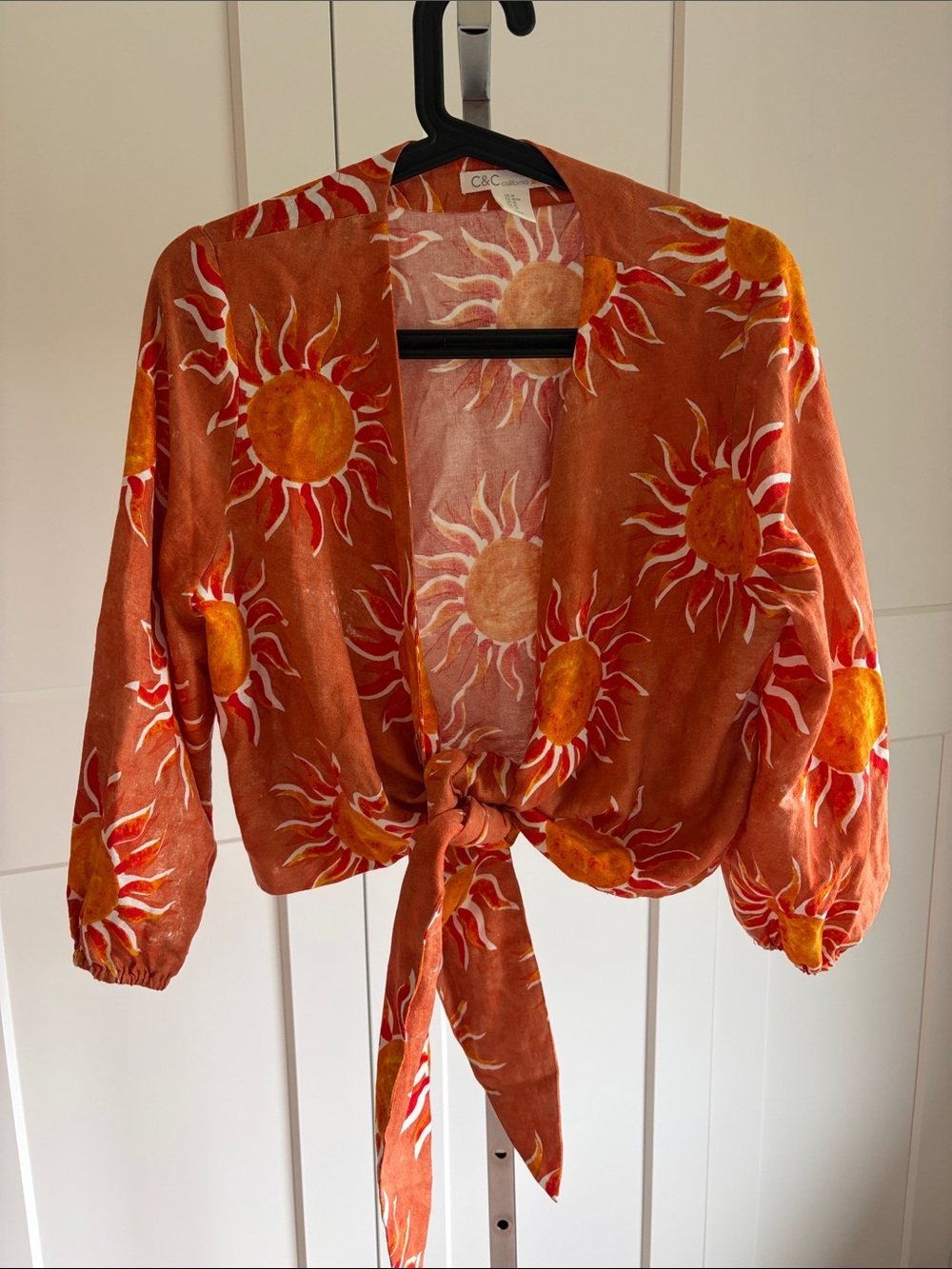 C&C California Linen Blend Orange and Yellow Sun Graphic Top